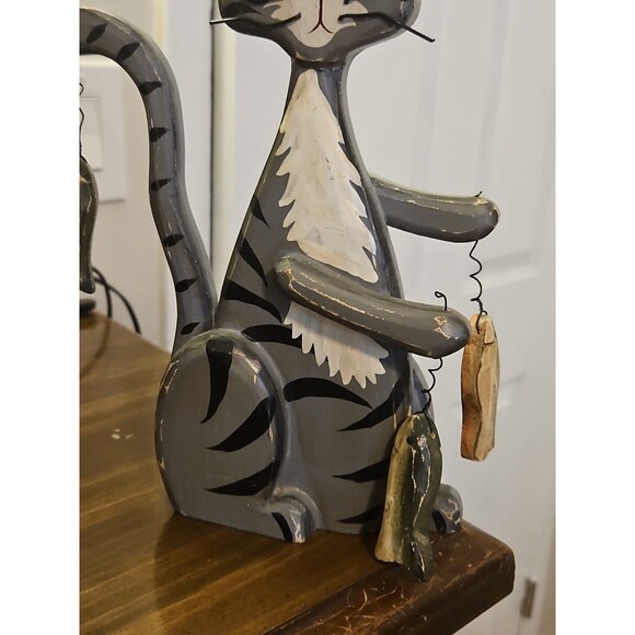 Rustic Folk Art Gray & White Fishing Cat Wood Décor - Picture 3 of 8